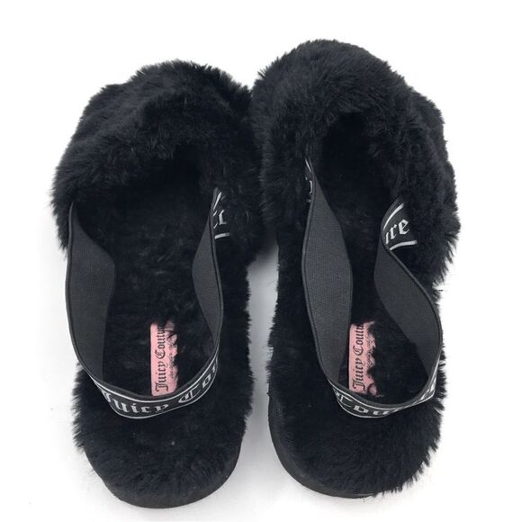 Juicy Couture Black Fuzzy Faux Fur Peep Toe Signature Slippers - Picture 7 of 10